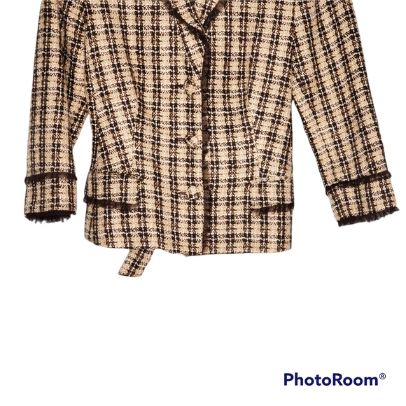 Laundry by Shelli Segal tweed belted waist blazer jacket tan brown cream size 10 - Picture 2 of 10